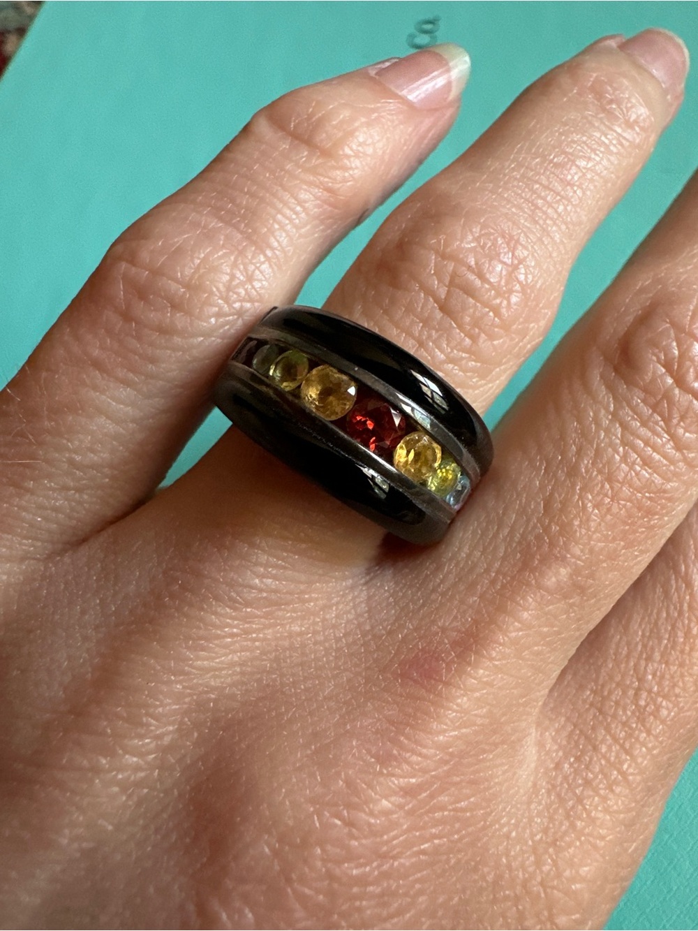 Vintage Thai Sterling Enameled Ring With Multicolor Rhinestones